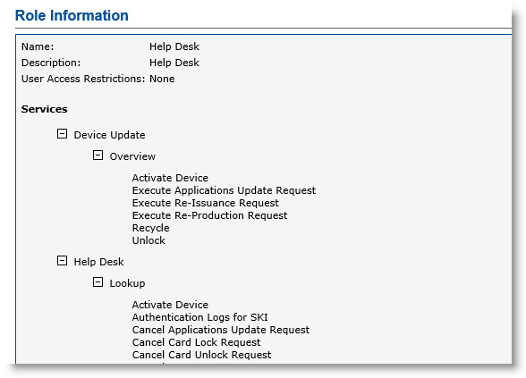 Section of Role Information page with Services list expanded